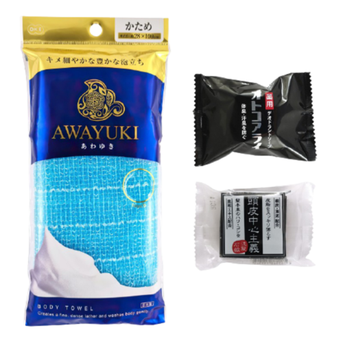 Kikuboshi Набор для мужчин: мочалка сверхжесткая, голубая + мыло для тела + мыло-шампунь, 3 предмета