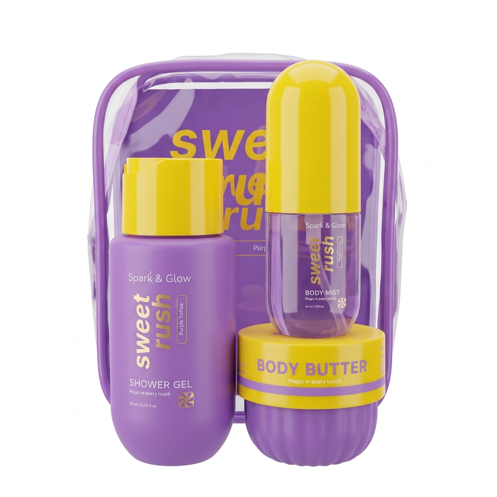 Spark'&Glow Набор для тела с ароматом соленой карамели- Body travel set purple toffee,(50*110*35) мл
